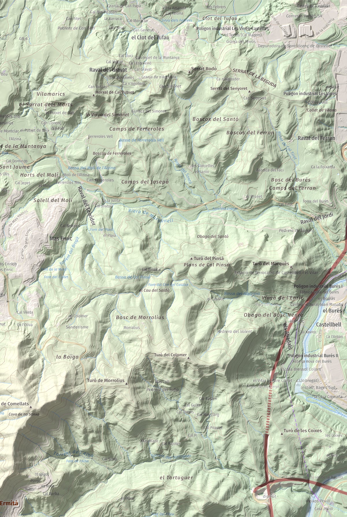 Mapa de relieve de Turó de l'Ermità, 595 m, Bages, lámina 100 Cims de Trobart. Detalle de la zona superior derecha. 61 × 91 cm.