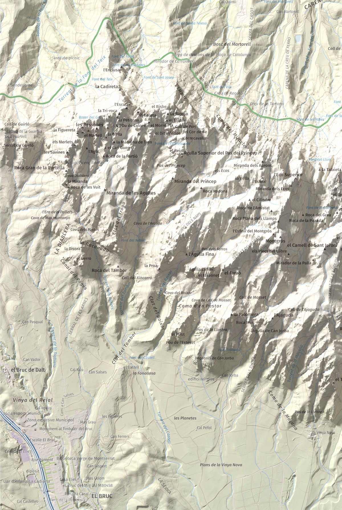Mapa de relieve de Turó de l'Ermità, 595 m, Bages, lámina 100 Cims de Trobart. Detalle de la zona inferior izquierda. 61 × 91 cm.