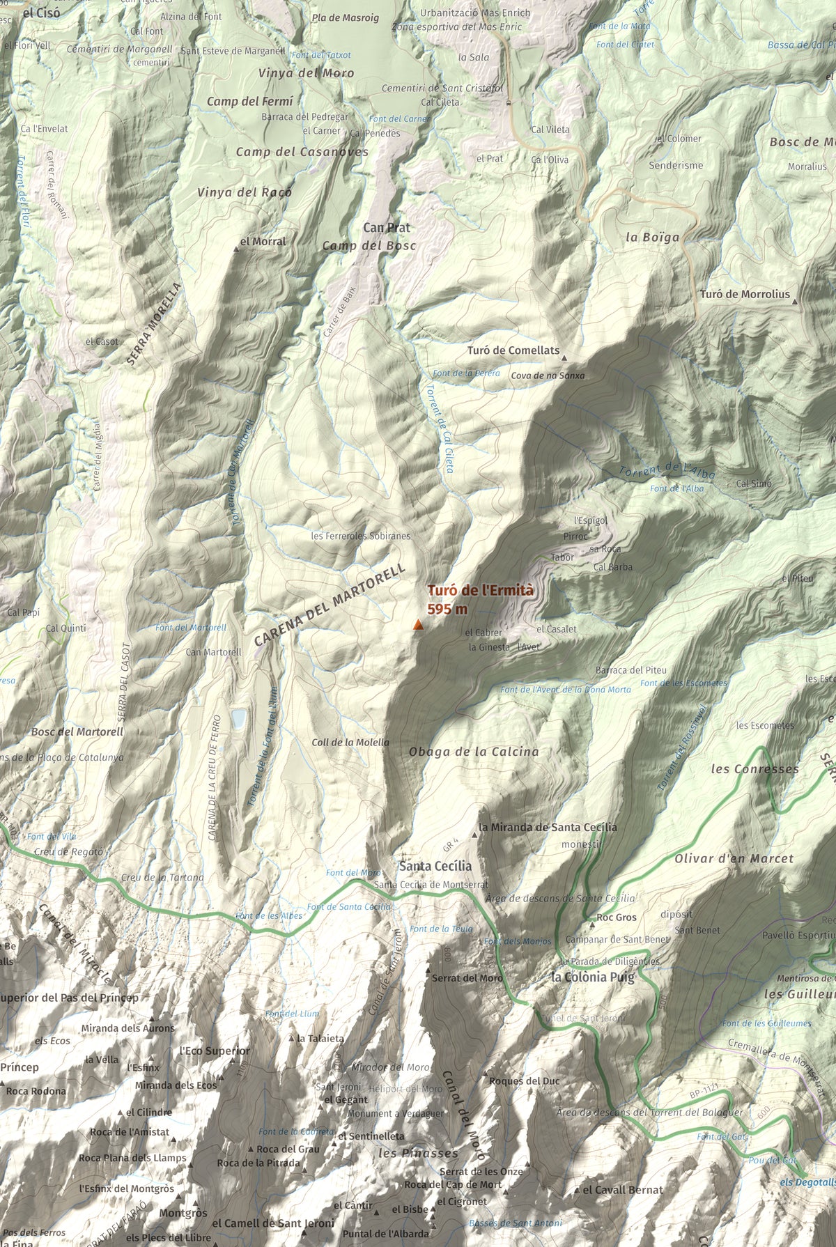 Mapa de relieve de Turó de l'Ermità, 595 m, Bages, lámina 100 Cims de Trobart. Detalle de la zona central. 61 × 91 cm.