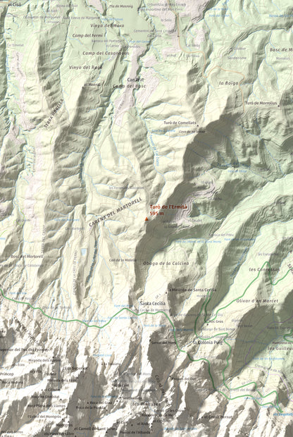 Mapa de relieve de Turó de l'Ermità, 595 m, Bages, lámina 100 Cims de Trobart. Detalle de la zona central. 61 × 91 cm.