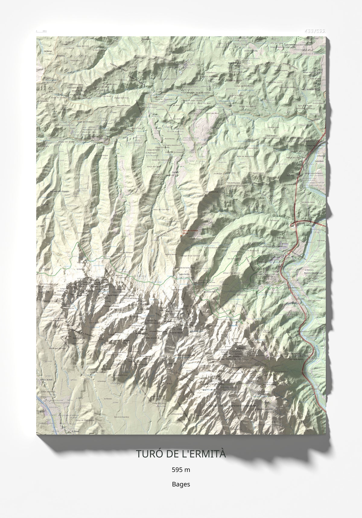 Mapa de relieve de Turó de l'Ermità, 595 m, Bages, lámina 100 Cims de Trobart 70 × 100 cm.