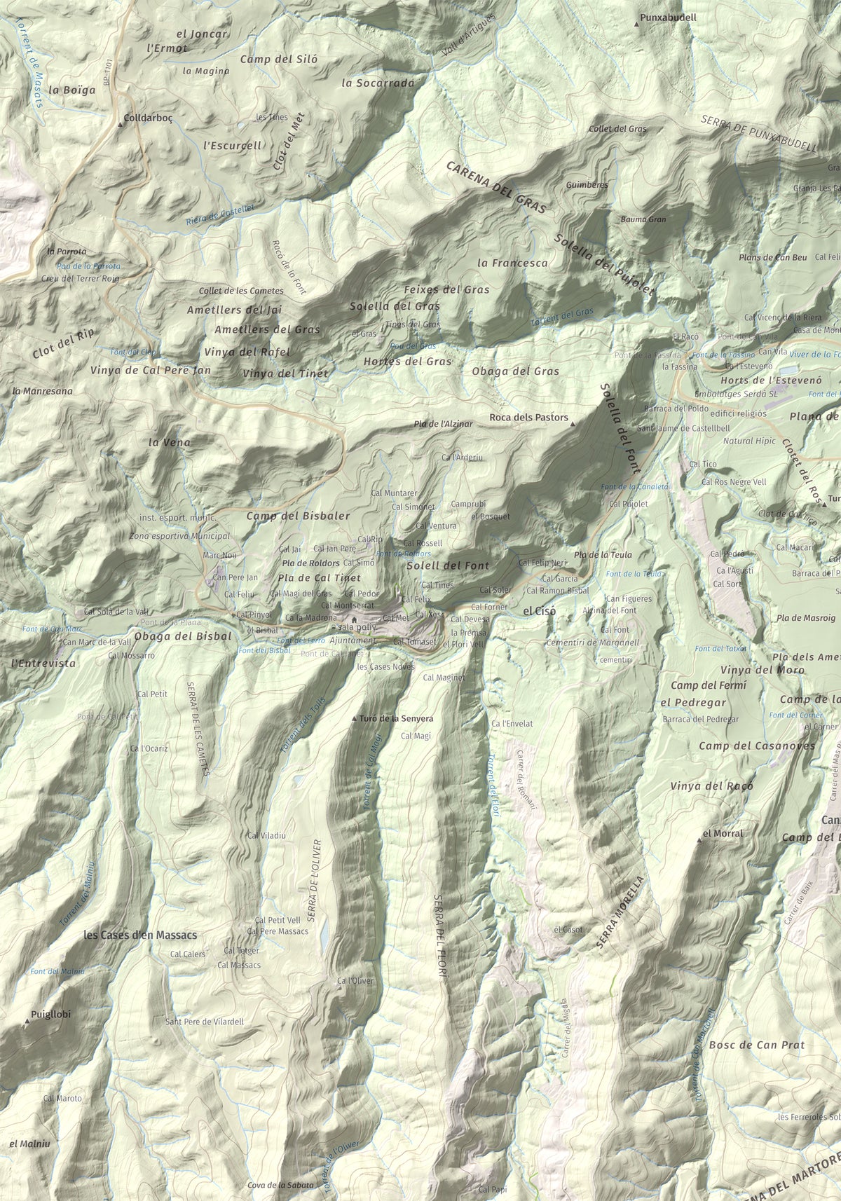 Mapa de relieve de Turó de l'Ermità, 595 m, Bages, lámina 100 Cims de Trobart. Detalle de la zona superior izquierda. 70 × 100 cm.