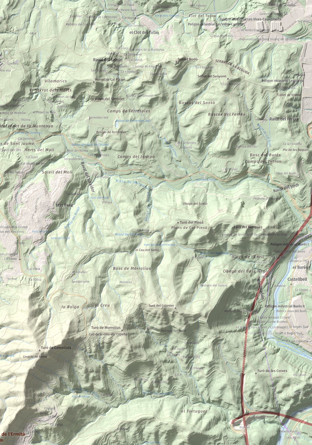Mapa de relieve de Turó de l'Ermità, 595 m, Bages, lámina 100 Cims de Trobart. Detalle de la zona superior derecha. 70 × 100 cm.