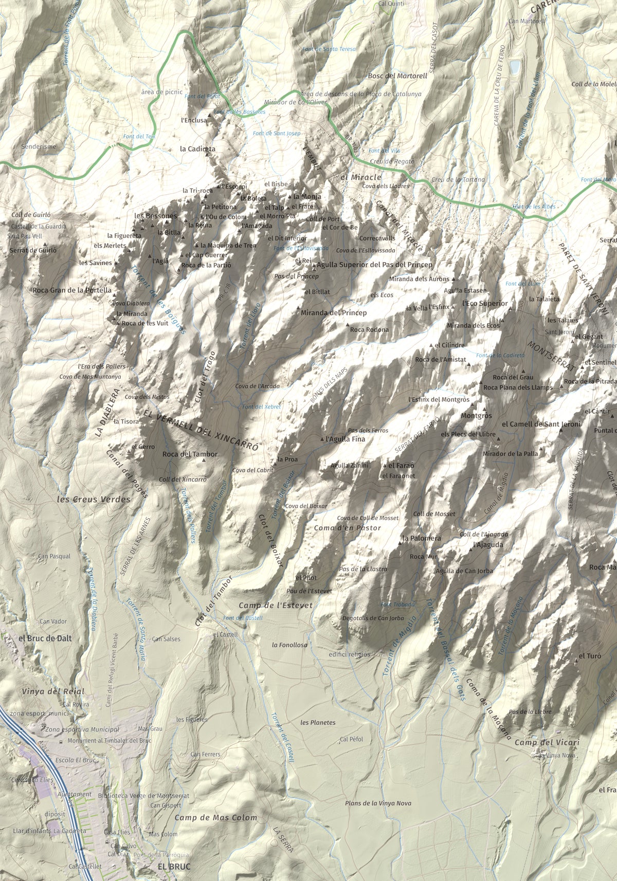 Mapa de relieve de Turó de l'Ermità, 595 m, Bages, lámina 100 Cims de Trobart. Detalle de la zona inferior izquierda. 70 × 100 cm.