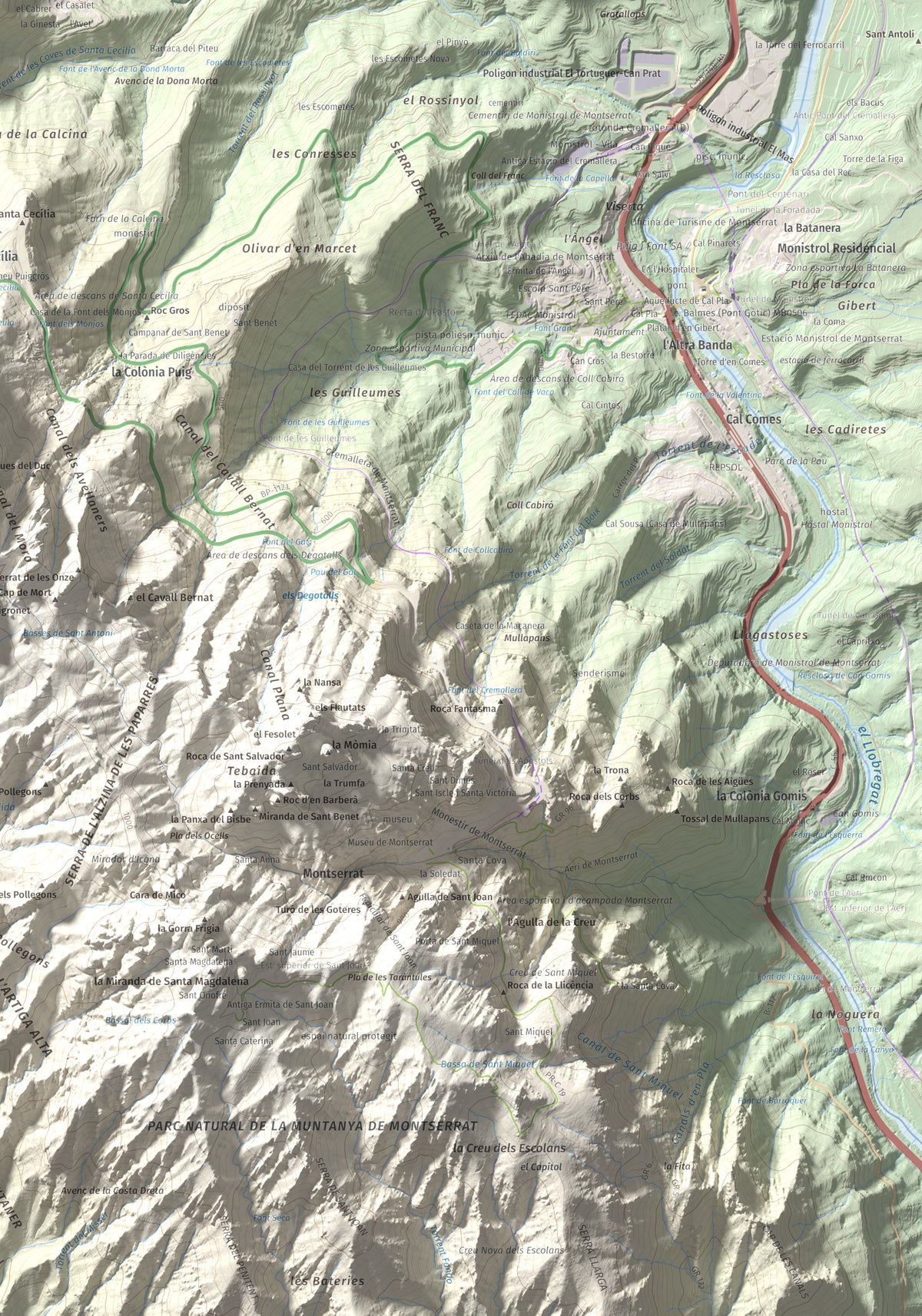 Mapa de relieve de Turó de l'Ermità, 595 m, Bages, lámina 100 Cims de Trobart. Detalle de la zona inferior derecha. 70 × 100 cm.