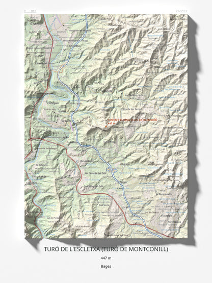 Mapa de relieve de Turó de l'Escletxa (Turó de Montconill), 447 m, Bages, lámina 100 Cims de Trobart 30 × 40 cm.