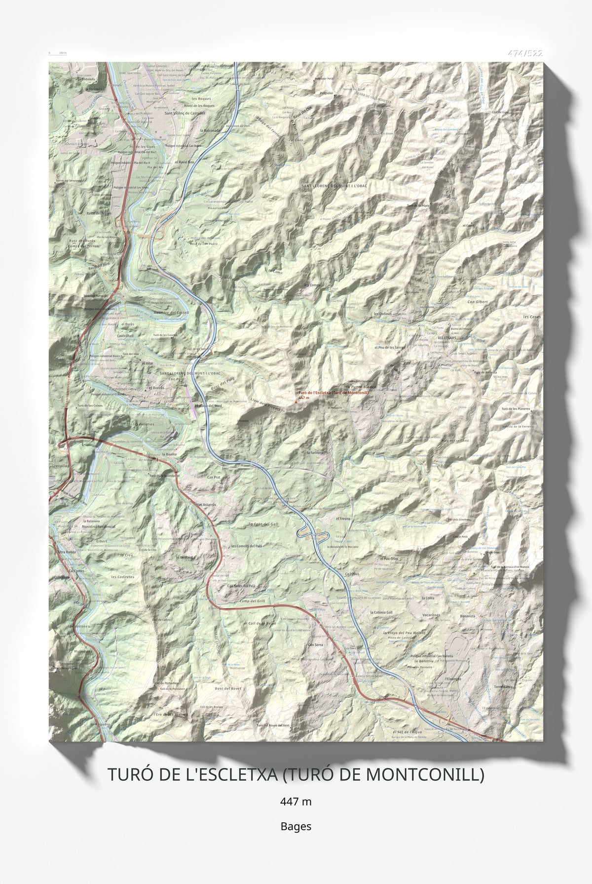 Mapa de relieve de Turó de l'Escletxa (Turó de Montconill), 447 m, Bages, lámina 100 Cims de Trobart 61 × 91 cm.