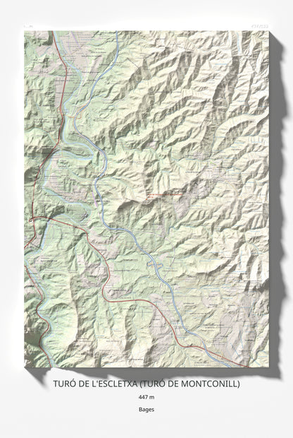 Mapa de relieve de Turó de l'Escletxa (Turó de Montconill), 447 m, Bages, lámina 100 Cims de Trobart 61 × 91 cm.