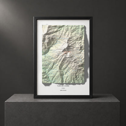 Mapa de relieve de Turó de l'Home, 1706 m, Vallès Oriental, lámina 100 Cims de Trobart. Presentación enmarcada. 21 × 30 cm.