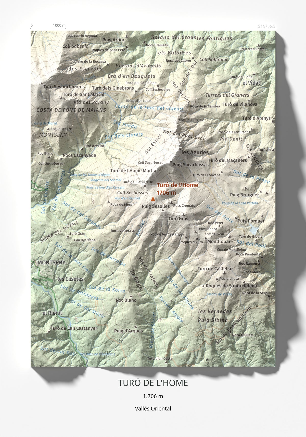 Mapa de relieve de Turó de l'Home, 1706 m, Vallès Oriental, lámina 100 Cims de Trobart 21 × 30 cm.