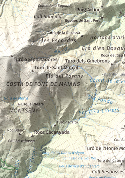 Mapa de relieve de Turó de l'Home, 1706 m, Vallès Oriental, lámina 100 Cims de Trobart. Detalle de la zona superior izquierda. 21 × 30 cm.