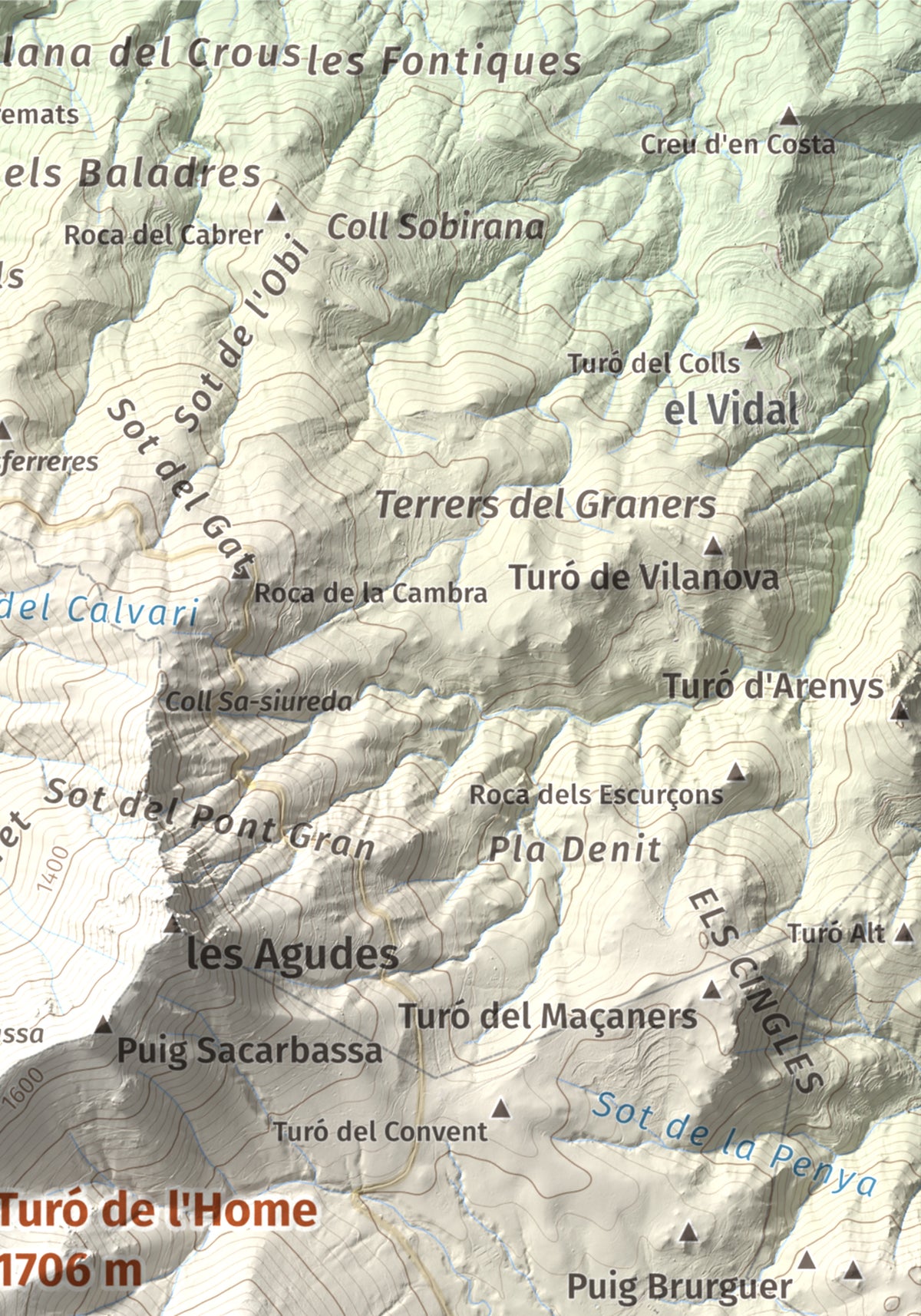Mapa de relieve de Turó de l'Home, 1706 m, Vallès Oriental, lámina 100 Cims de Trobart. Detalle de la zona superior derecha. 21 × 30 cm.