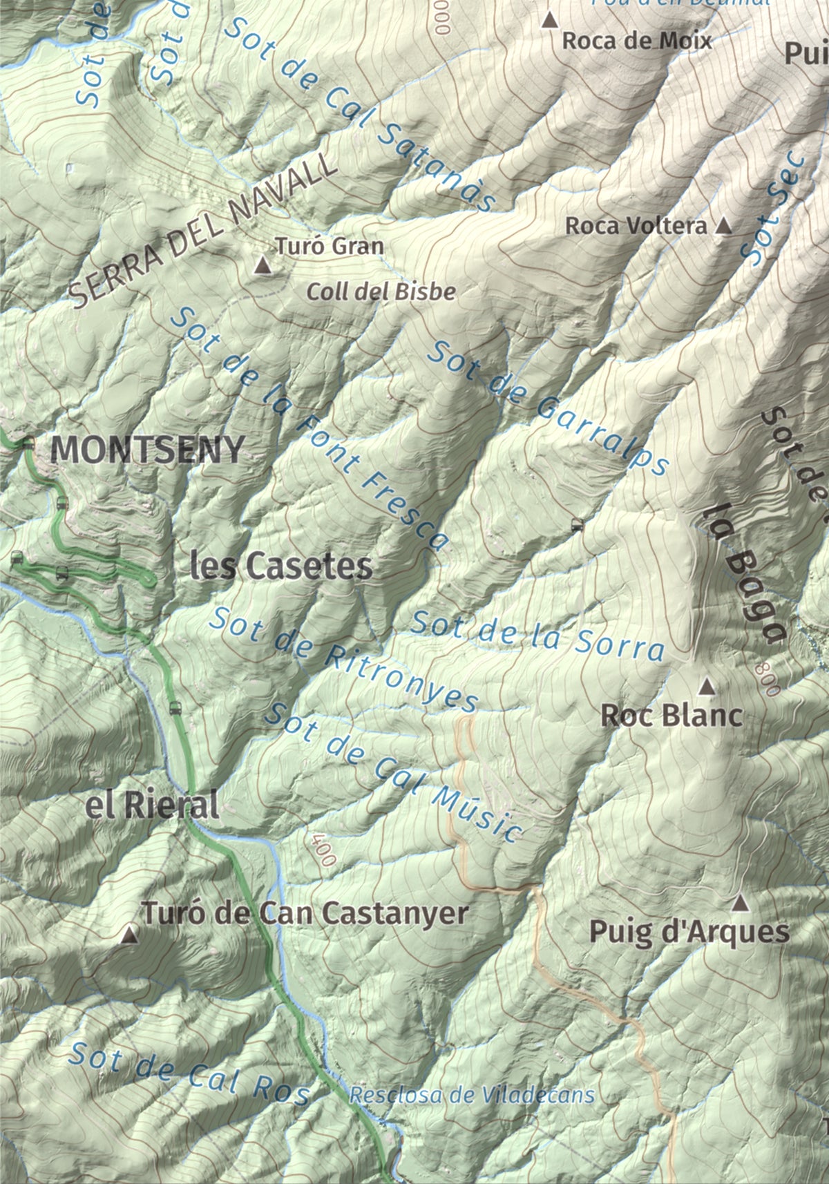 Mapa de relieve de Turó de l'Home, 1706 m, Vallès Oriental, lámina 100 Cims de Trobart. Detalle de la zona inferior izquierda. 21 × 30 cm.