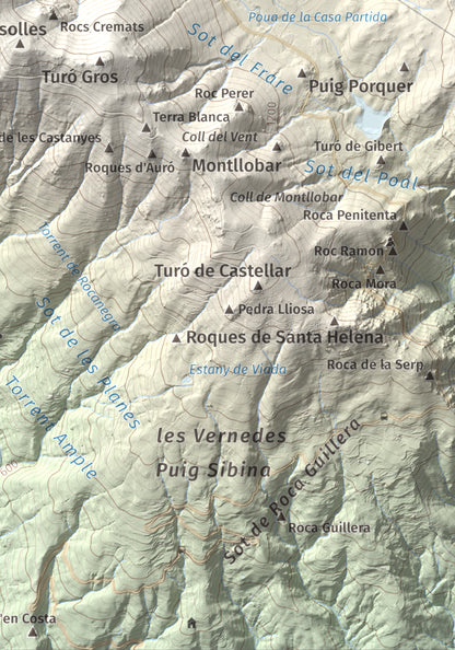Mapa de relieve de Turó de l'Home, 1706 m, Vallès Oriental, lámina 100 Cims de Trobart. Detalle de la zona inferior derecha. 21 × 30 cm.
