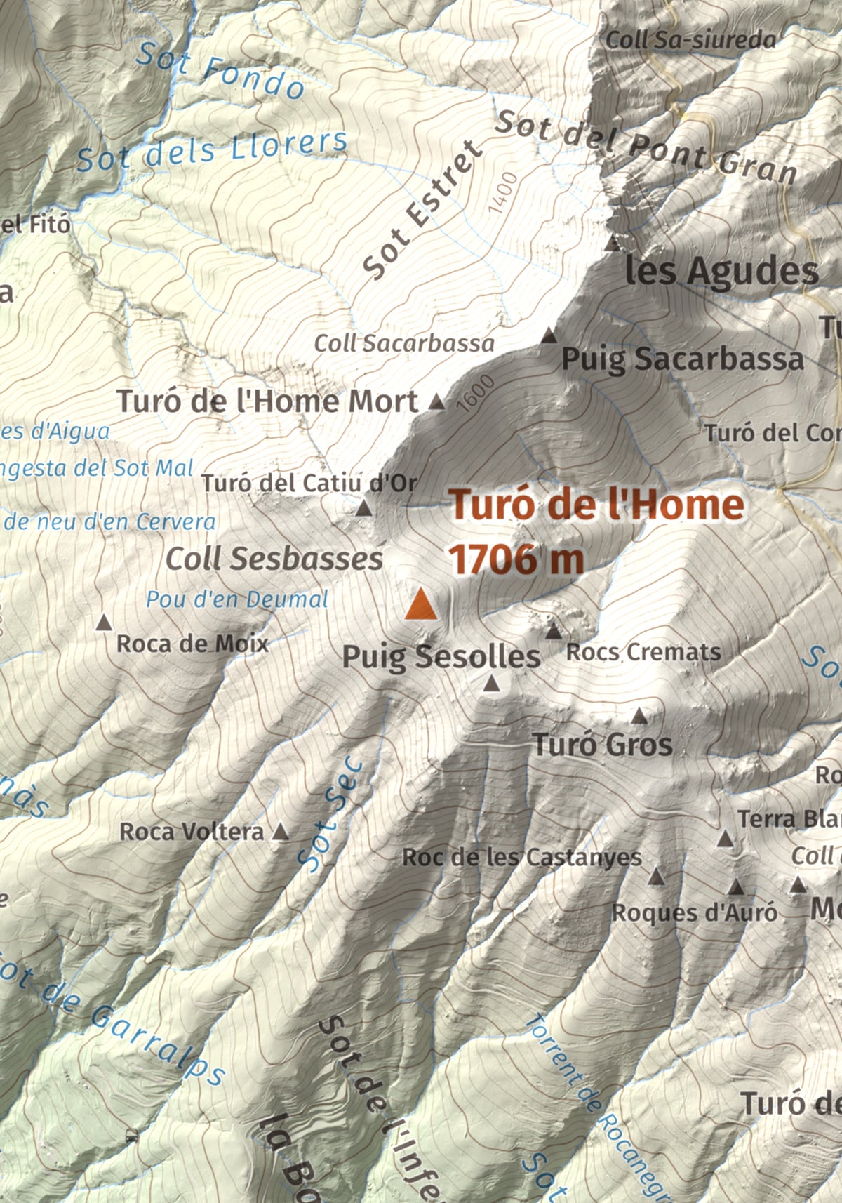 Mapa de relieve de Turó de l'Home, 1706 m, Vallès Oriental, lámina 100 Cims de Trobart. Detalle de la zona central. 21 × 30 cm.