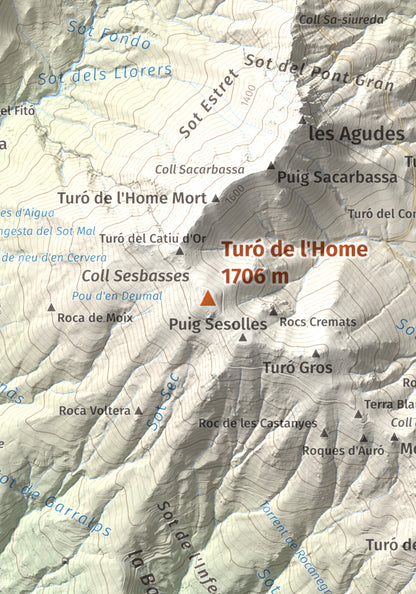 Mapa de relieve de Turó de l'Home, 1706 m, Vallès Oriental, lámina 100 Cims de Trobart. Detalle de la zona central. 21 × 30 cm.