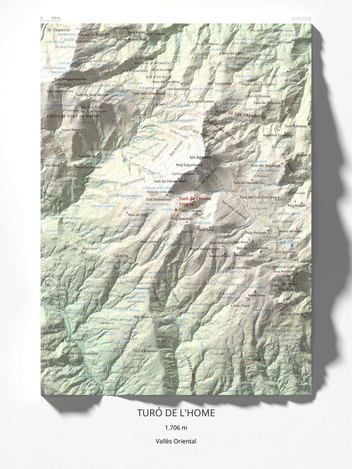 Mapa de relieve de Turó de l'Home, 1706 m, Vallès Oriental, lámina 100 Cims de Trobart 30 × 40 cm.