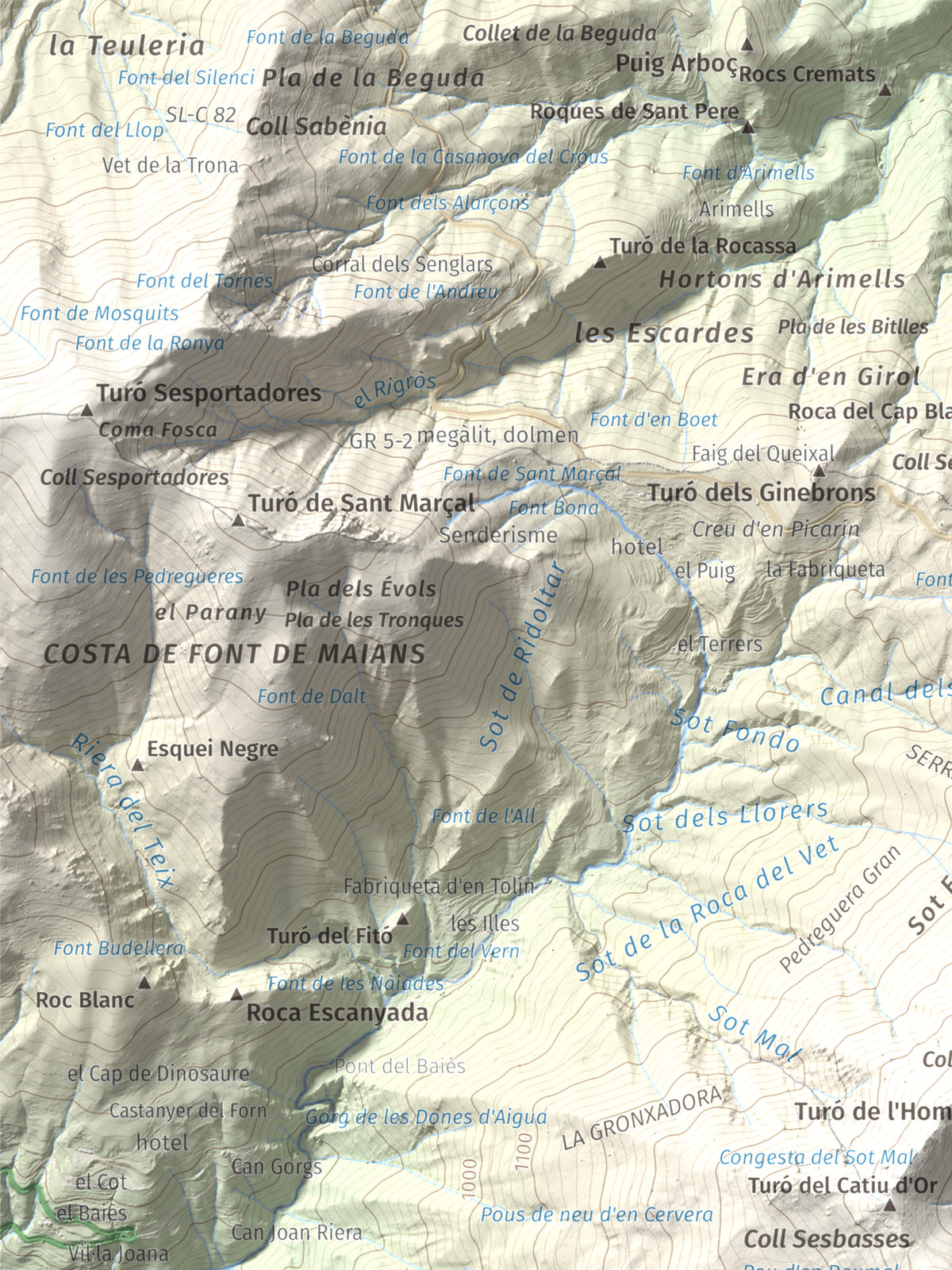 Mapa de relieve de Turó de l'Home, 1706 m, Vallès Oriental, lámina 100 Cims de Trobart. Detalle de la zona superior izquierda. 30 × 40 cm.