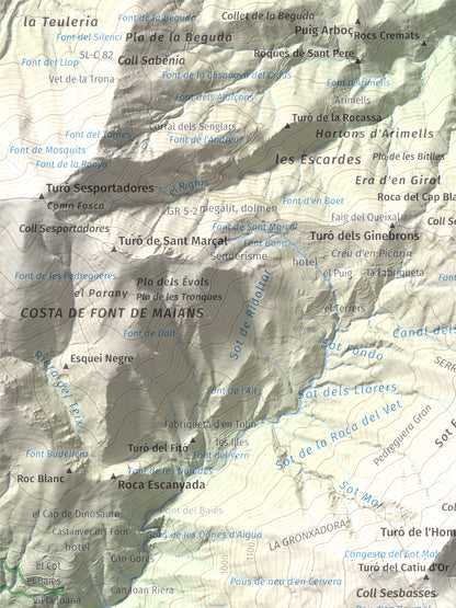 Mapa de relieve de Turó de l'Home, 1706 m, Vallès Oriental, lámina 100 Cims de Trobart. Detalle de la zona superior izquierda. 30 × 40 cm.