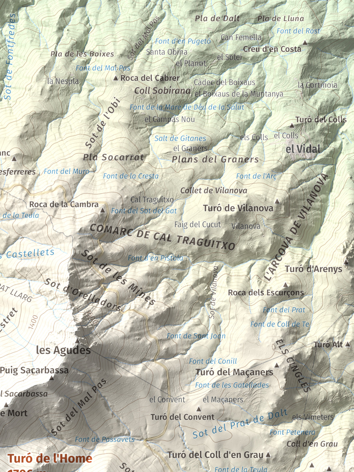 Mapa de relieve de Turó de l'Home, 1706 m, Vallès Oriental, lámina 100 Cims de Trobart. Detalle de la zona superior derecha. 30 × 40 cm.