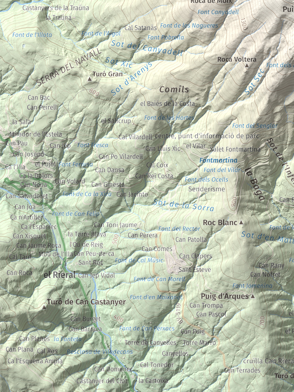 Mapa de relieve de Turó de l'Home, 1706 m, Vallès Oriental, lámina 100 Cims de Trobart. Detalle de la zona inferior izquierda. 30 × 40 cm.