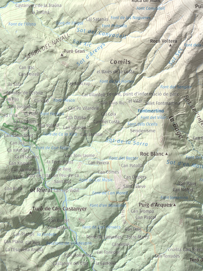 Mapa de relieve de Turó de l'Home, 1706 m, Vallès Oriental, lámina 100 Cims de Trobart. Detalle de la zona inferior izquierda. 30 × 40 cm.