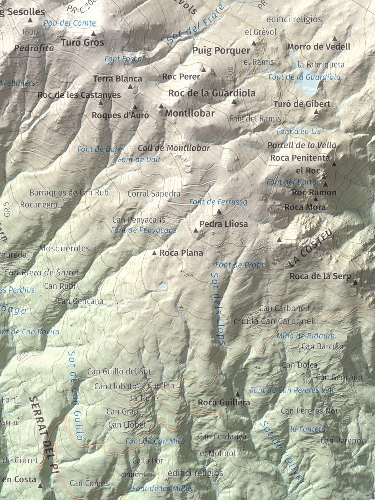 Mapa de relieve de Turó de l'Home, 1706 m, Vallès Oriental, lámina 100 Cims de Trobart. Detalle de la zona inferior derecha. 30 × 40 cm.