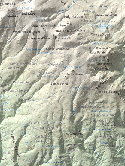 Mapa de relieve de Turó de l'Home, 1706 m, Vallès Oriental, lámina 100 Cims de Trobart. Detalle de la zona inferior derecha. 30 × 40 cm.