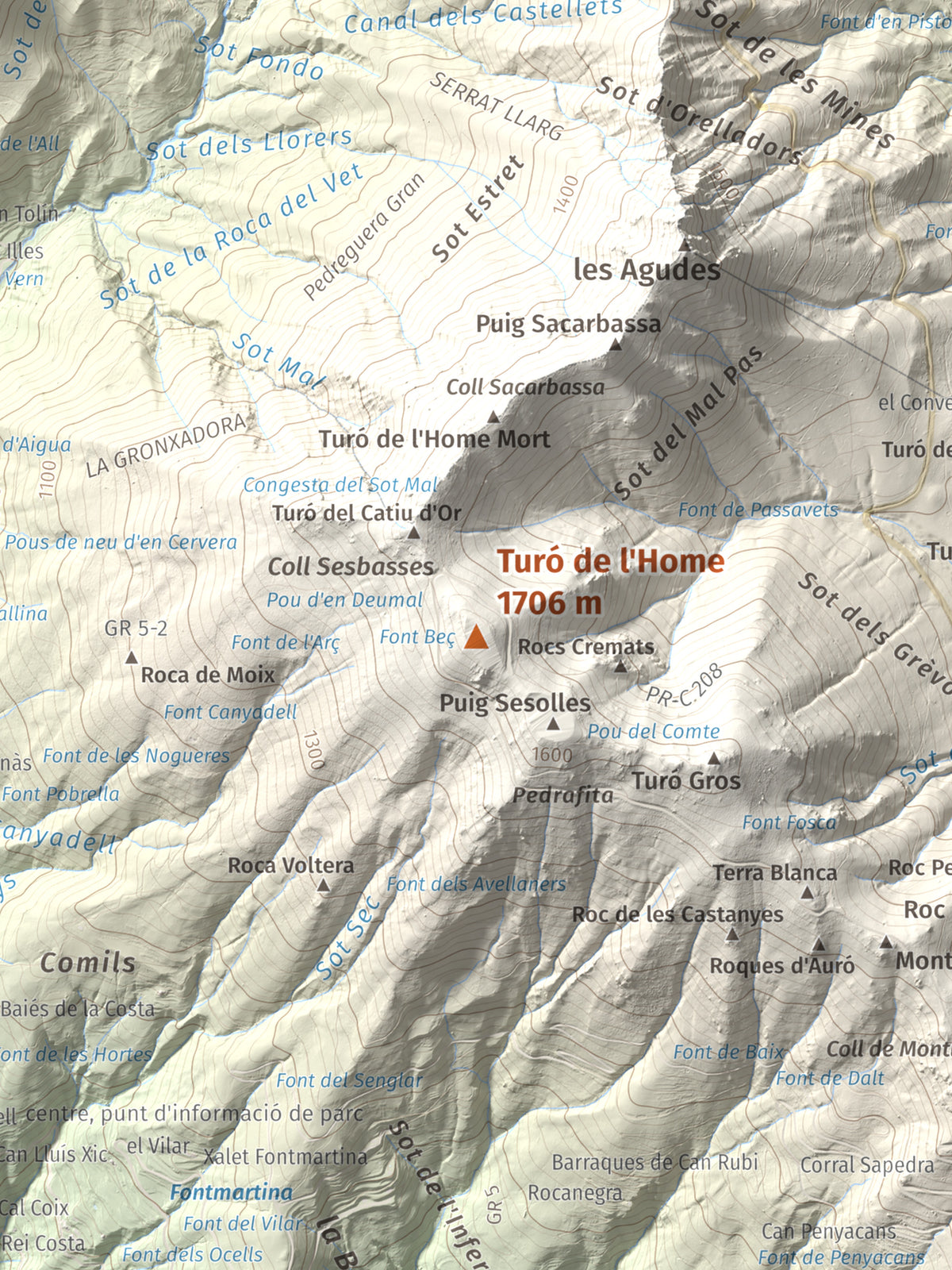 Mapa de relieve de Turó de l'Home, 1706 m, Vallès Oriental, lámina 100 Cims de Trobart. Detalle de la zona central. 30 × 40 cm.