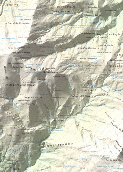Mapa de relieve de Turó de l'Home, 1706 m, Vallès Oriental, lámina 100 Cims de Trobart. Detalle de la zona superior izquierda. 50 × 70 cm.