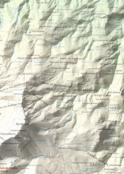 Mapa de relieve de Turó de l'Home, 1706 m, Vallès Oriental, lámina 100 Cims de Trobart. Detalle de la zona superior derecha. 50 × 70 cm.