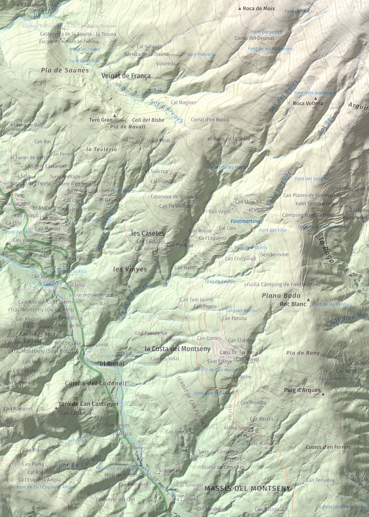 Mapa de relieve de Turó de l'Home, 1706 m, Vallès Oriental, lámina 100 Cims de Trobart. Detalle de la zona inferior izquierda. 50 × 70 cm.