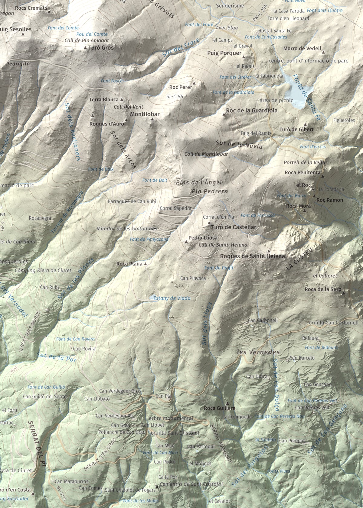 Mapa de relieve de Turó de l'Home, 1706 m, Vallès Oriental, lámina 100 Cims de Trobart. Detalle de la zona inferior derecha. 50 × 70 cm.