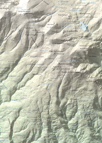 Mapa de relieve de Turó de l'Home, 1706 m, Vallès Oriental, lámina 100 Cims de Trobart. Detalle de la zona inferior derecha. 50 × 70 cm.