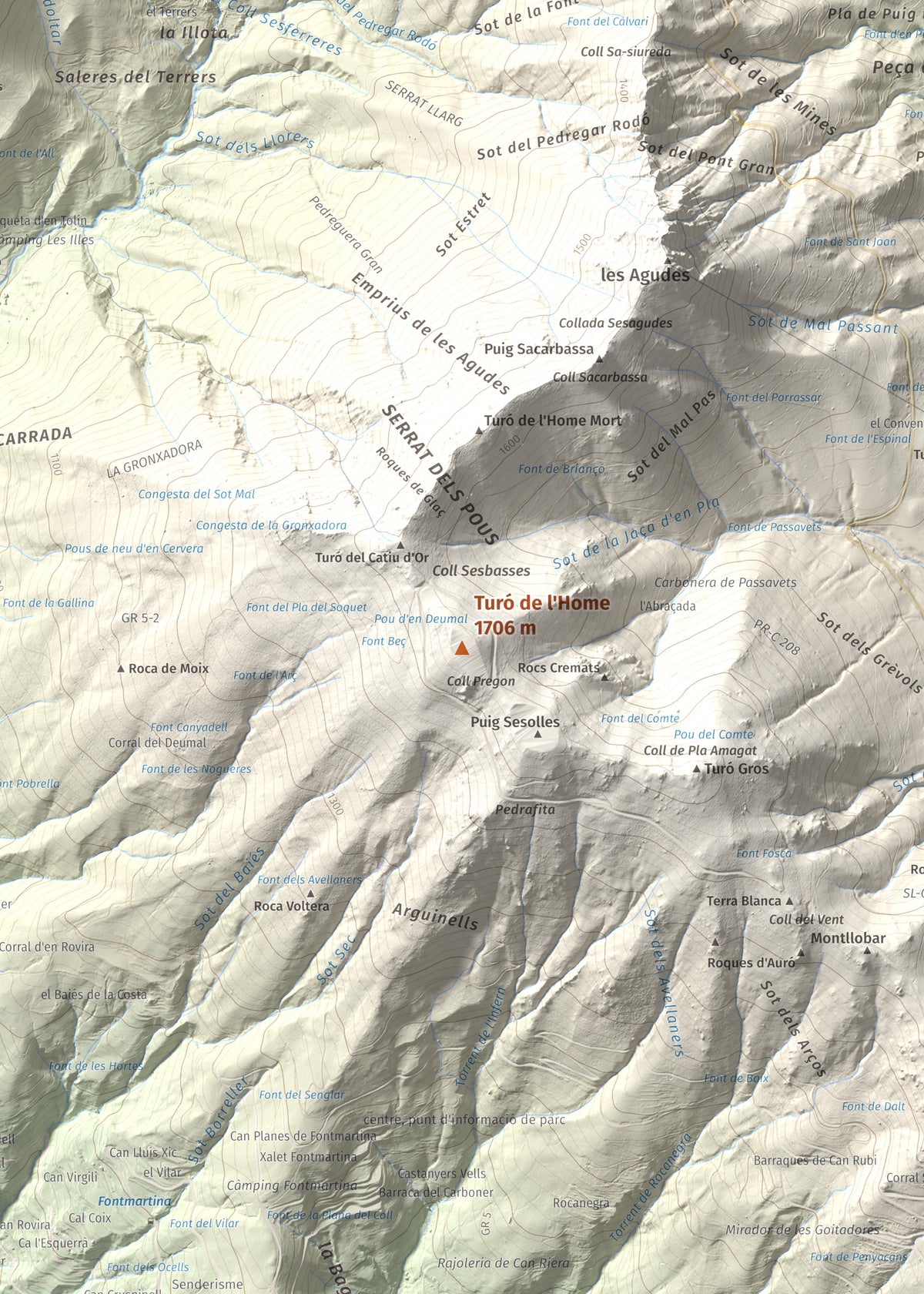 Mapa de relieve de Turó de l'Home, 1706 m, Vallès Oriental, lámina 100 Cims de Trobart. Detalle de la zona central. 50 × 70 cm.