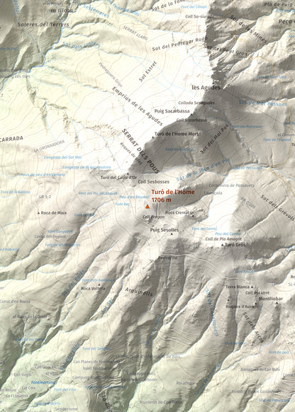 Mapa de relieve de Turó de l'Home, 1706 m, Vallès Oriental, lámina 100 Cims de Trobart. Detalle de la zona central. 50 × 70 cm.