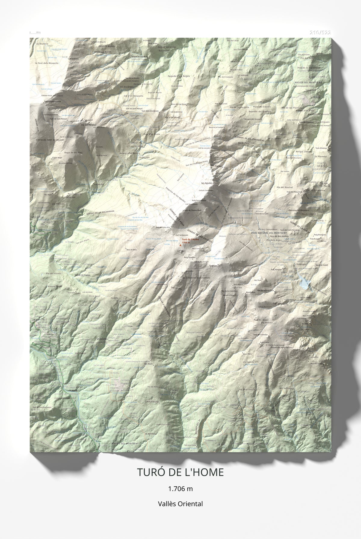 Mapa de relieve de Turó de l'Home, 1706 m, Vallès Oriental, lámina 100 Cims de Trobart 61 × 91 cm.