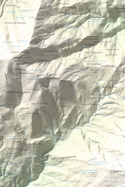 Mapa de relieve de Turó de l'Home, 1706 m, Vallès Oriental, lámina 100 Cims de Trobart. Detalle de la zona superior izquierda. 61 × 91 cm.