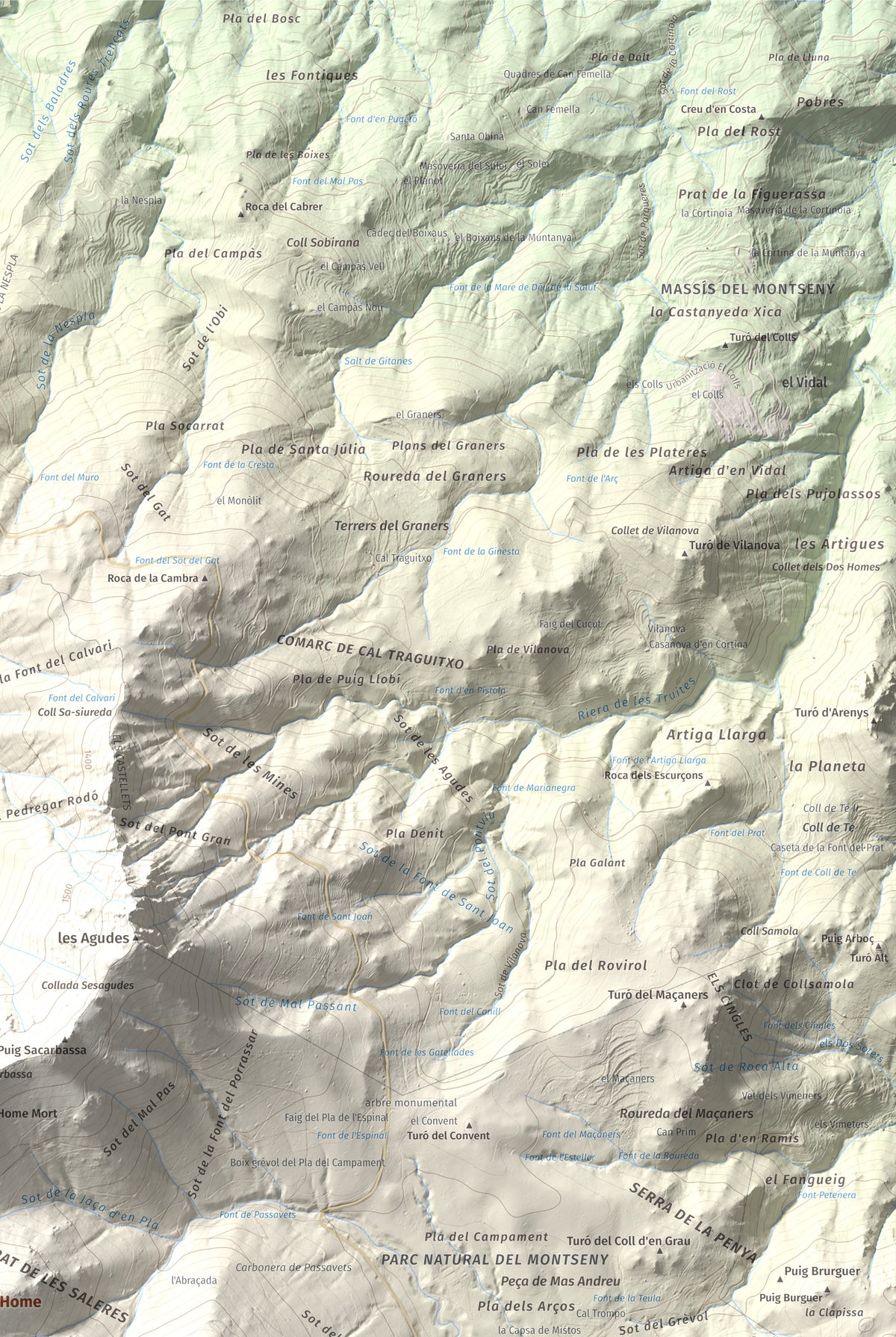 Mapa de relieve de Turó de l'Home, 1706 m, Vallès Oriental, lámina 100 Cims de Trobart. Detalle de la zona superior derecha. 61 × 91 cm.