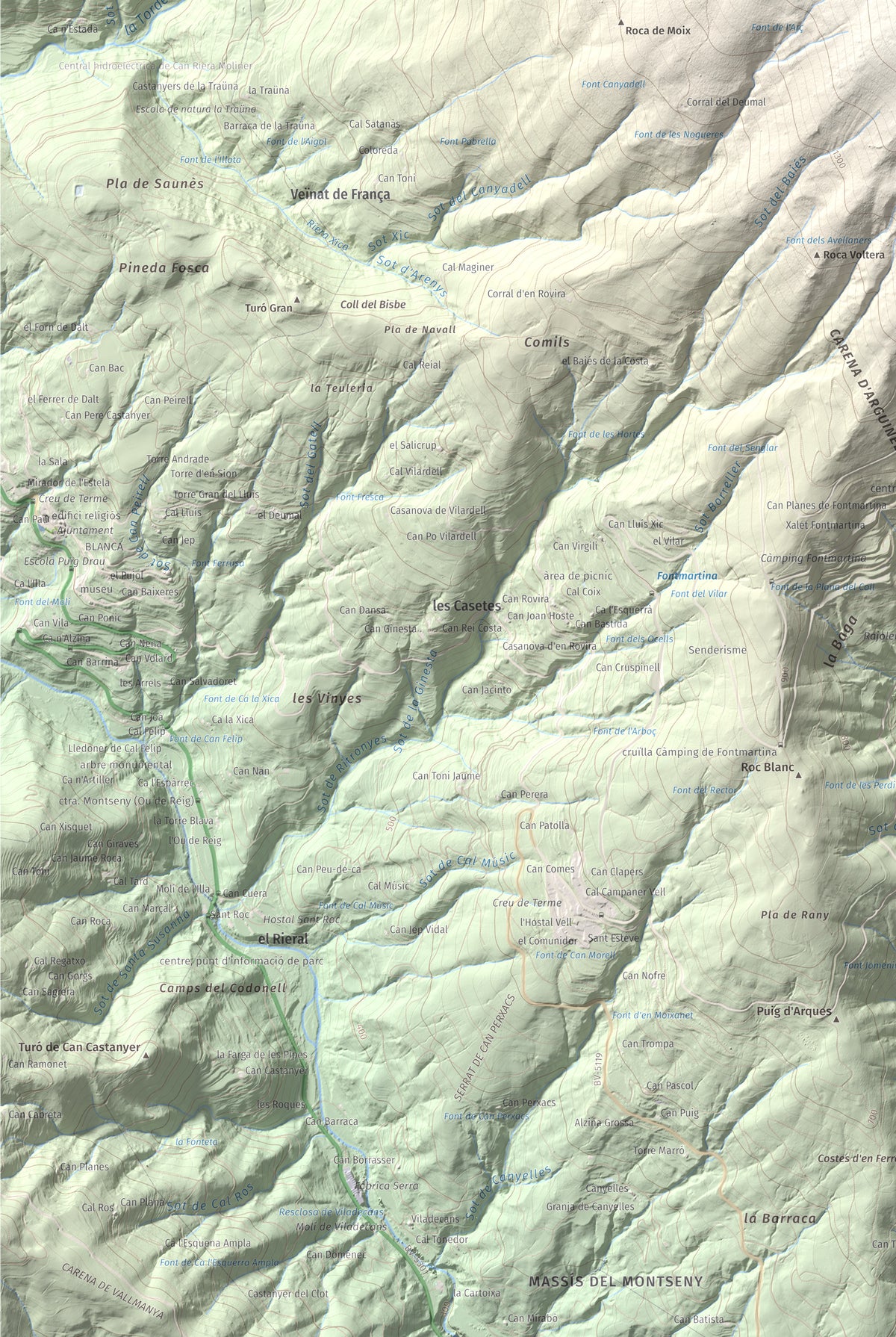 Mapa de relieve de Turó de l'Home, 1706 m, Vallès Oriental, lámina 100 Cims de Trobart. Detalle de la zona inferior izquierda. 61 × 91 cm.