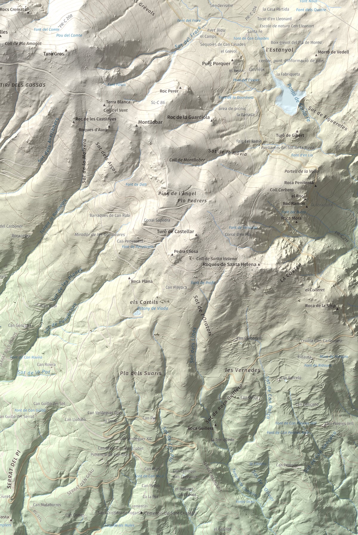 Mapa de relieve de Turó de l'Home, 1706 m, Vallès Oriental, lámina 100 Cims de Trobart. Detalle de la zona inferior derecha. 61 × 91 cm.