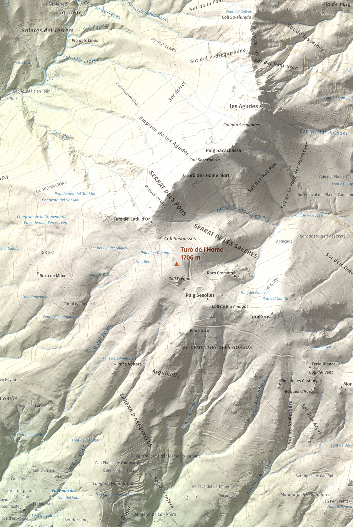 Mapa de relieve de Turó de l'Home, 1706 m, Vallès Oriental, lámina 100 Cims de Trobart. Detalle de la zona central. 61 × 91 cm.