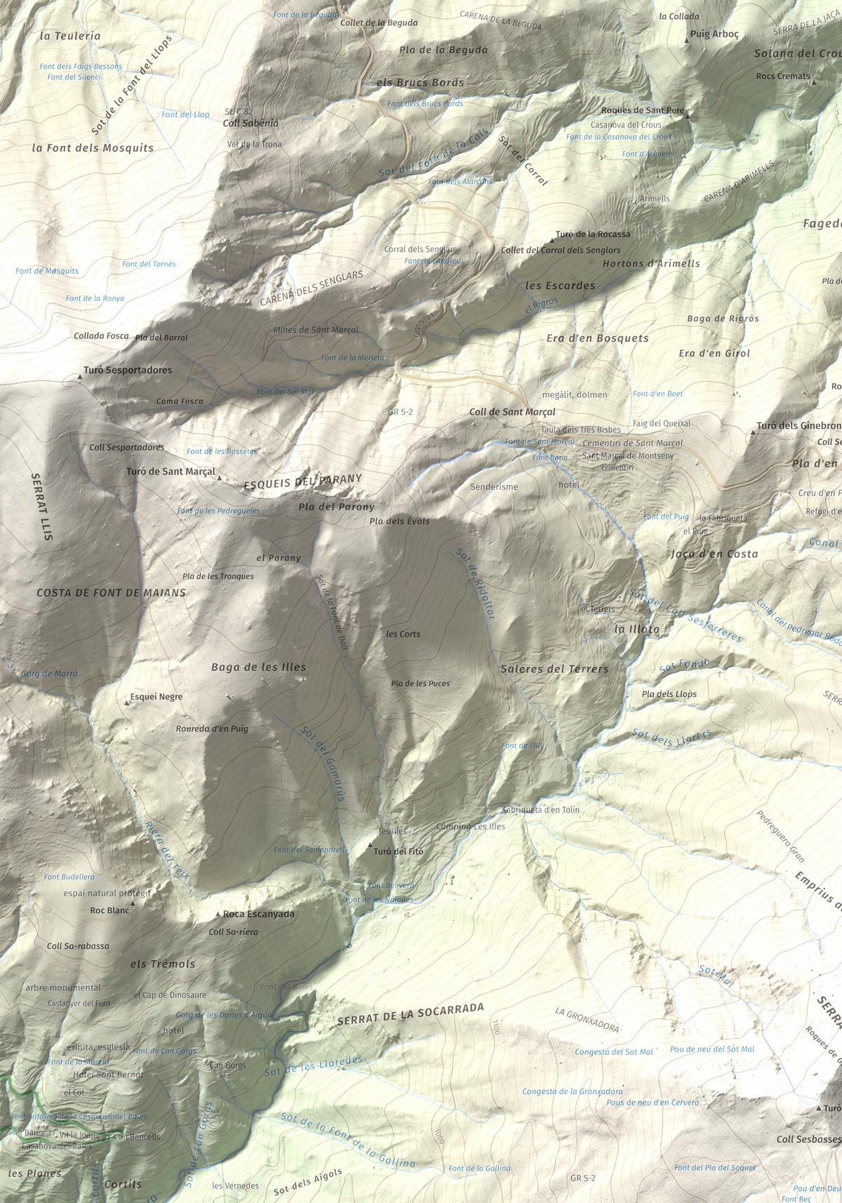 Mapa de relieve de Turó de l'Home, 1706 m, Vallès Oriental, lámina 100 Cims de Trobart. Detalle de la zona superior izquierda. 70 × 100 cm.