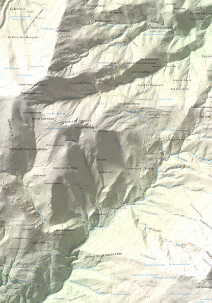 Mapa de relieve de Turó de l'Home, 1706 m, Vallès Oriental, lámina 100 Cims de Trobart. Detalle de la zona superior izquierda. 70 × 100 cm.