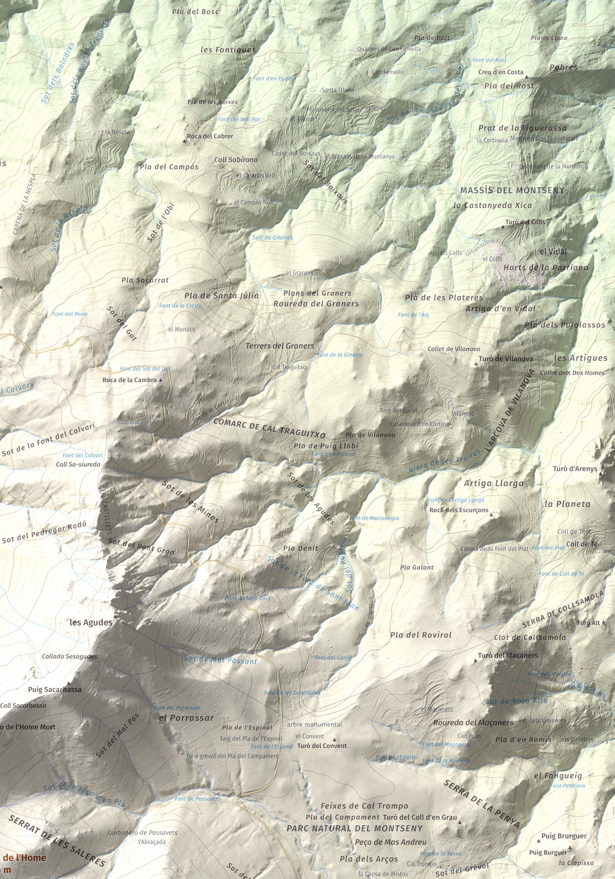 Mapa de relieve de Turó de l'Home, 1706 m, Vallès Oriental, lámina 100 Cims de Trobart. Detalle de la zona superior derecha. 70 × 100 cm.