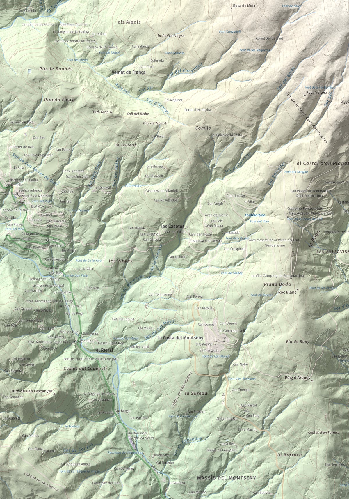 Mapa de relieve de Turó de l'Home, 1706 m, Vallès Oriental, lámina 100 Cims de Trobart. Detalle de la zona inferior izquierda. 70 × 100 cm.