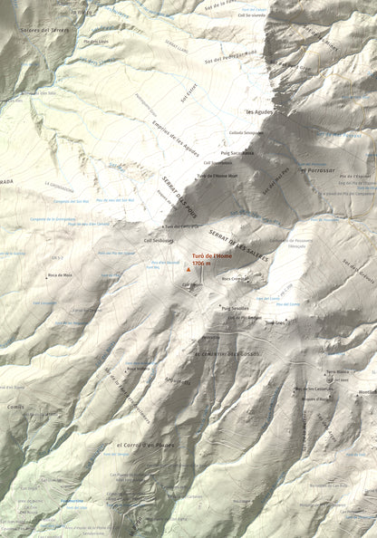 Mapa de relieve de Turó de l'Home, 1706 m, Vallès Oriental, lámina 100 Cims de Trobart. Detalle de la zona central. 70 × 100 cm.