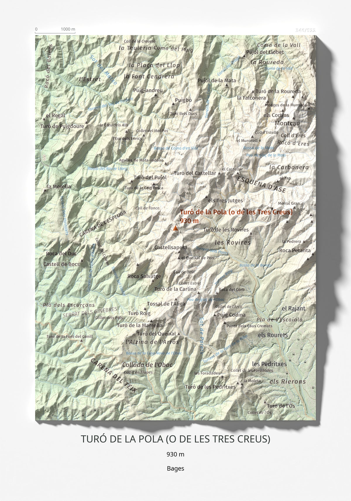 Mapa de relieve de Turó de la Pola (o de les Tres Creus), 930 m, Bages, lámina 100 Cims de Trobart 21 × 30 cm.