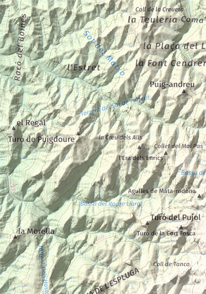Mapa de relieve de Turó de la Pola (o de les Tres Creus), 930 m, Bages, lámina 100 Cims de Trobart. Detalle de la zona superior izquierda. 21 × 30 cm.