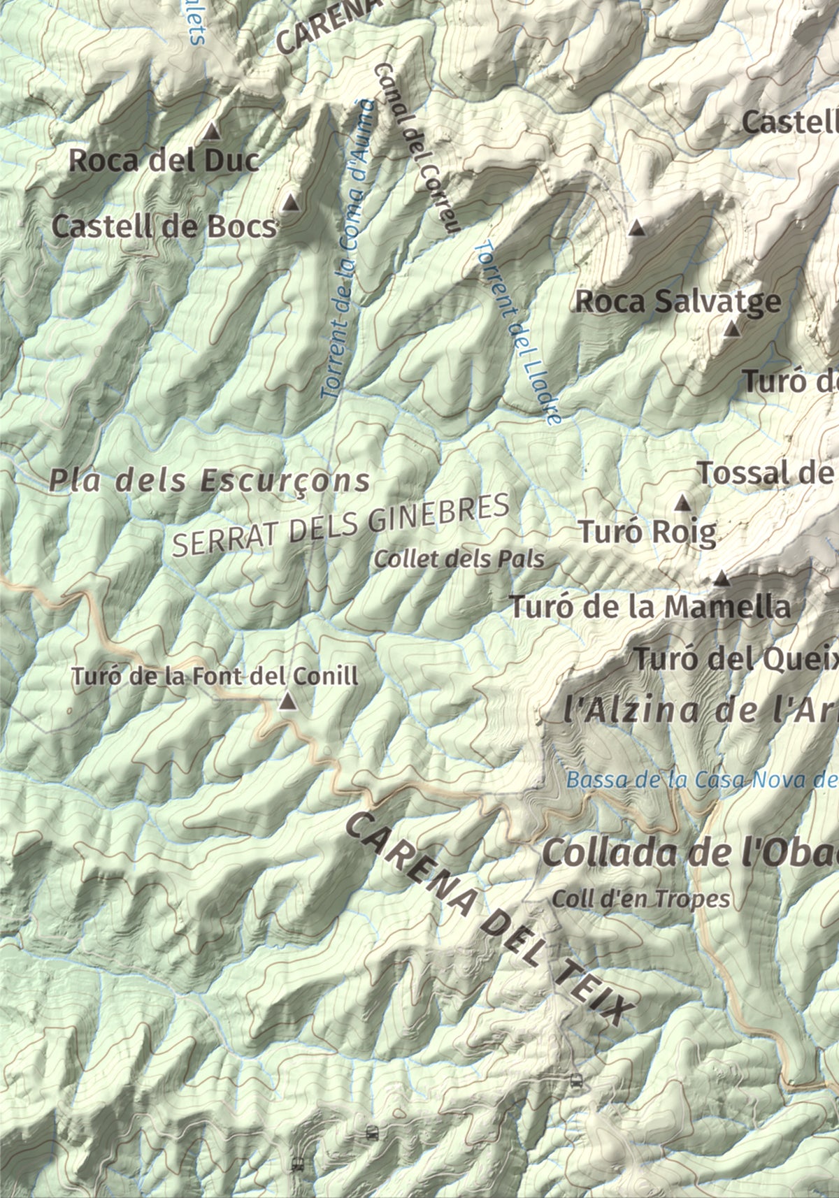 Mapa de relieve de Turó de la Pola (o de les Tres Creus), 930 m, Bages, lámina 100 Cims de Trobart. Detalle de la zona inferior izquierda. 21 × 30 cm.